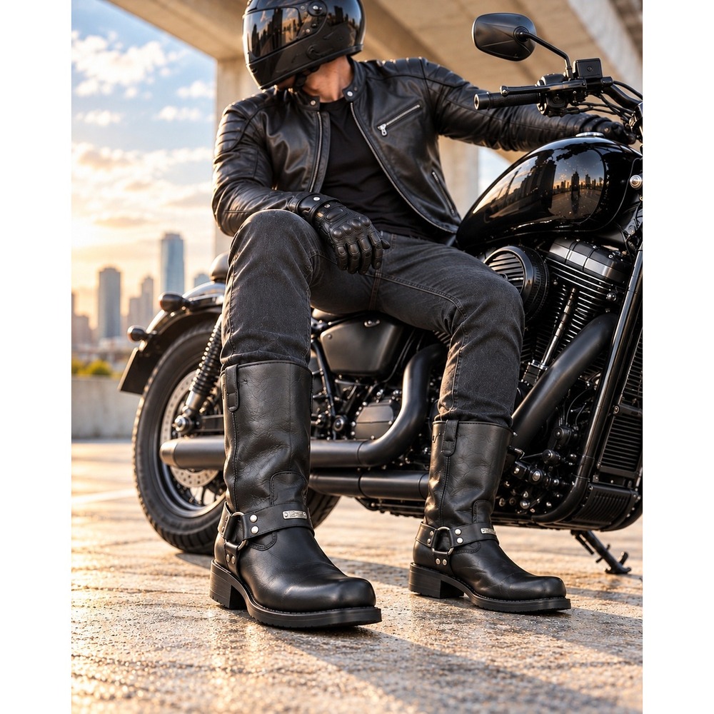 Biker Motorcycle Moto Black Leather Harness Boots Size 11 Square Toe